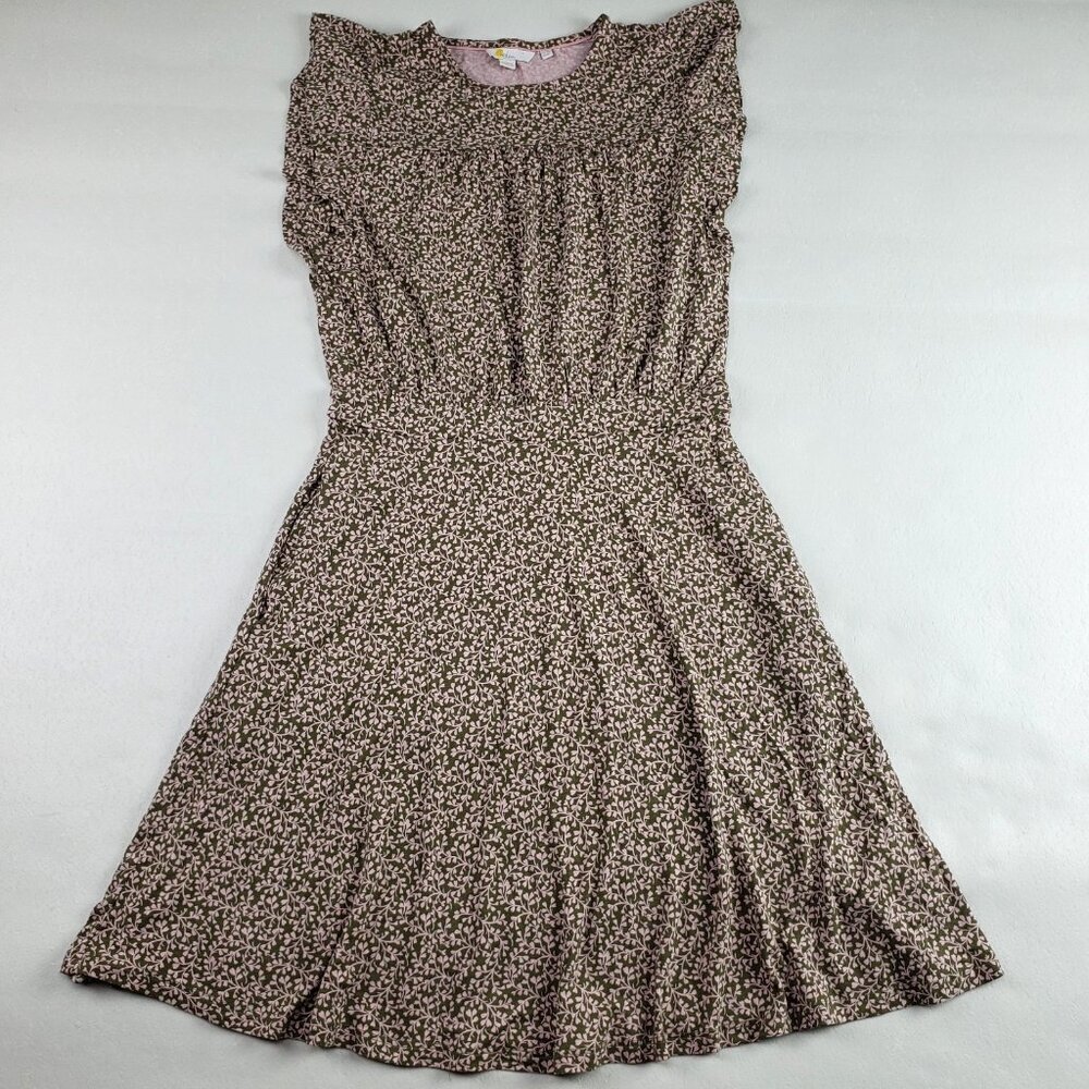 Boden Flutter Sleeve Jersey Dress Womens 6 Long Green Floral Fit Flare Stretch